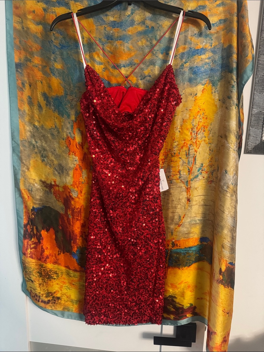 Windsor Red Sequin Cowl Neck Mini Dress